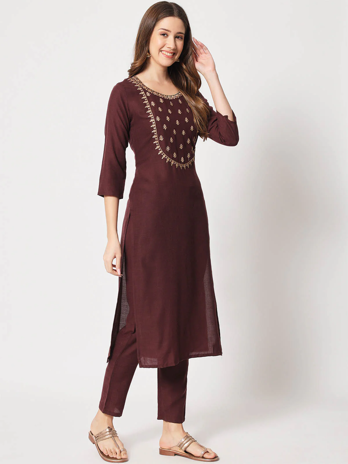 Odette Women Beautiful Violet Cotton Embroidered Stitched Kurta Set - Image 4