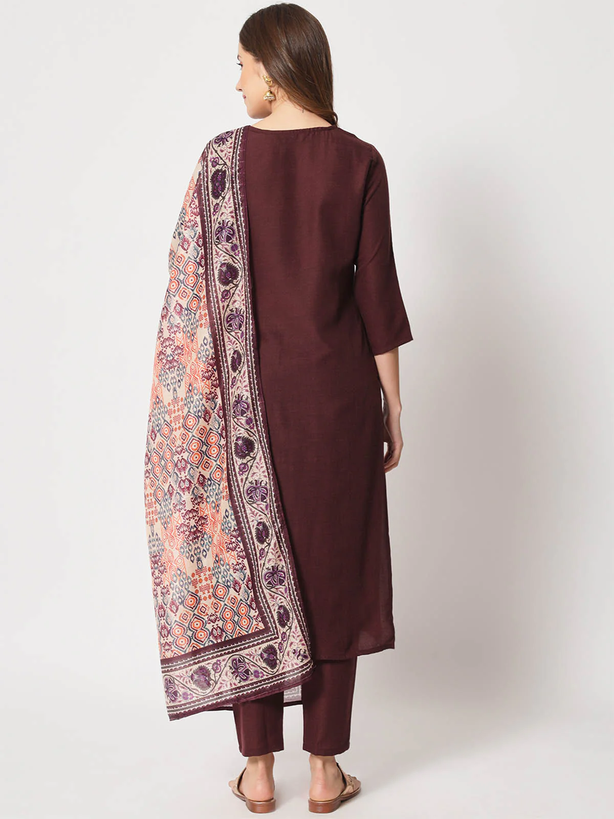 Odette Women Beautiful Violet Cotton Embroidered Stitched Kurta Set - Image 5