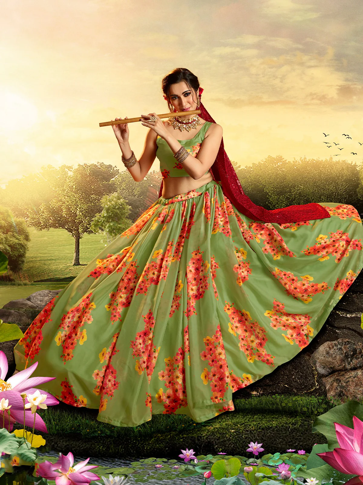 Odette Women Beautiful Green Semi Stitched Lehenga With Unstitched Blouse - Image 3