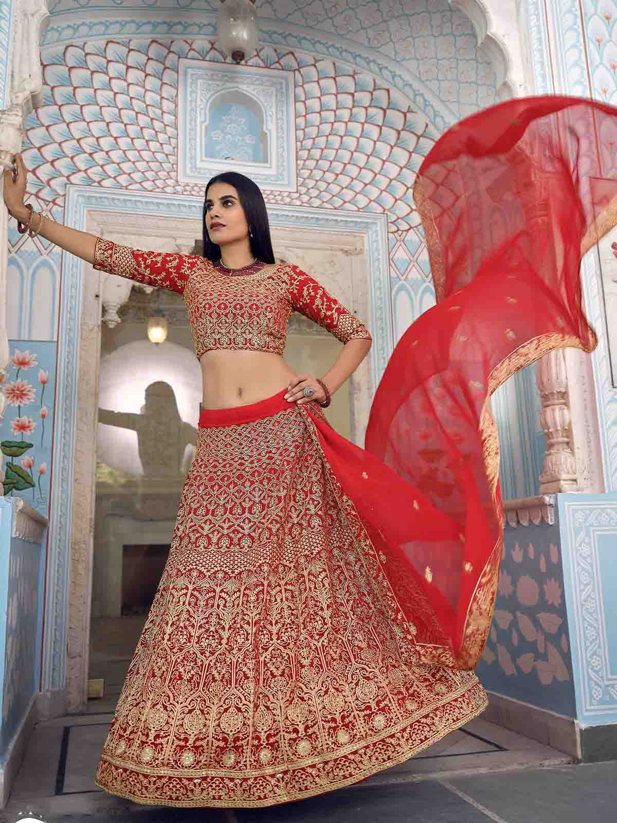Odette Women Beautiful Red Semi Stitched Lehenga With Unstitched Blouse - Image 2