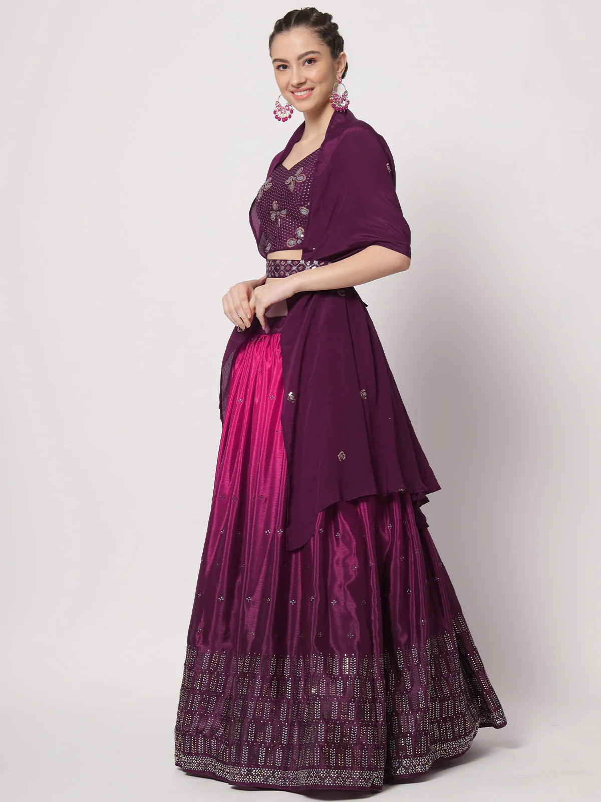 Odette Women Beautiful Violet Chinon Silk Embellished Semi Stitched Lehenga With Unstitched Blouse - Image 3