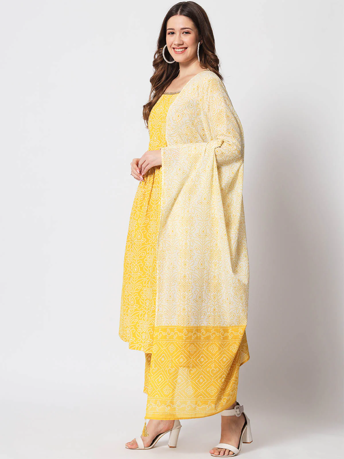 Odette Women Beautiful Yellow Cotton Printed Stitched Kurta Set - Image 3