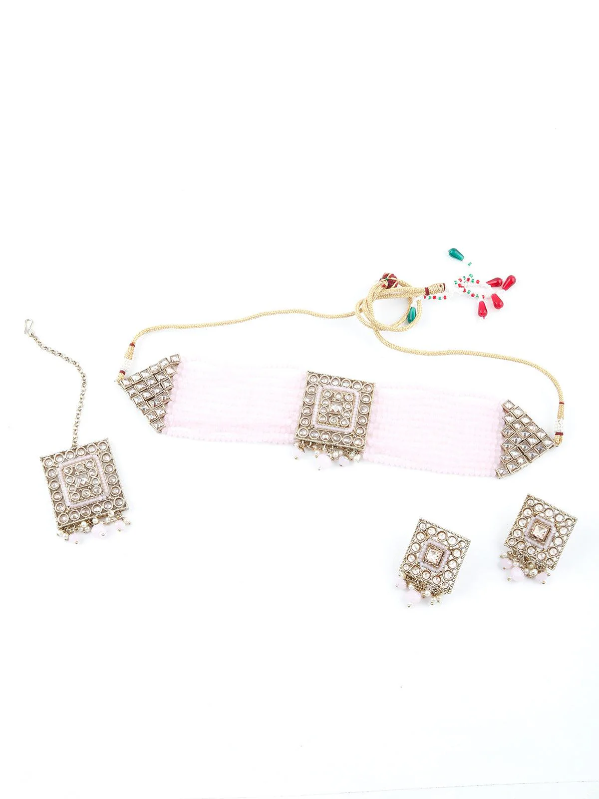 Odette Women Bedazzling Baby Pink Choker Necklace Set - Image 3