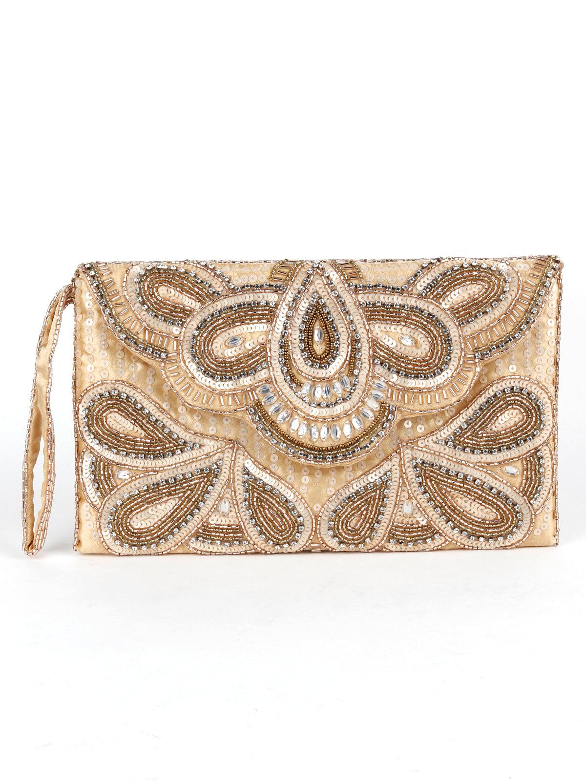 Odette Women Beige Beaded Paisley Design Envelope Clutch - Image 3