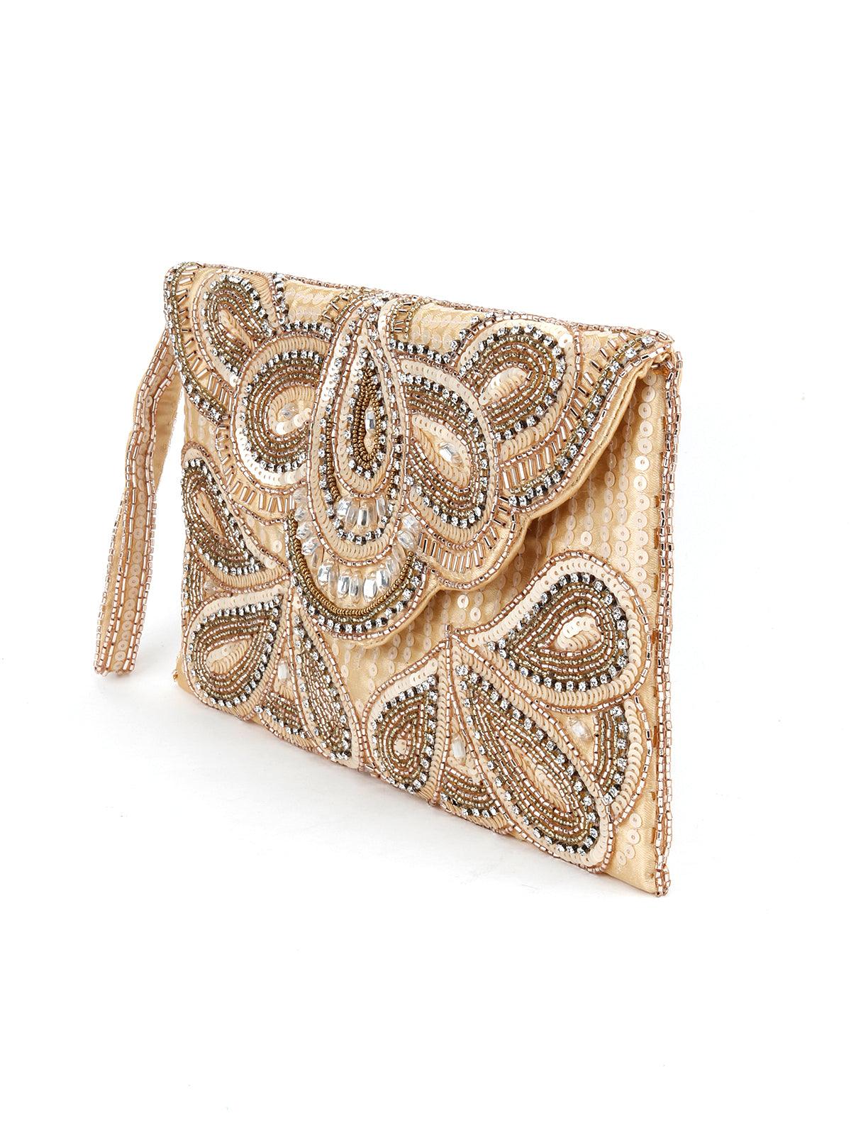 Odette Women Beige Beaded Paisley Design Envelope Clutch - Image 4