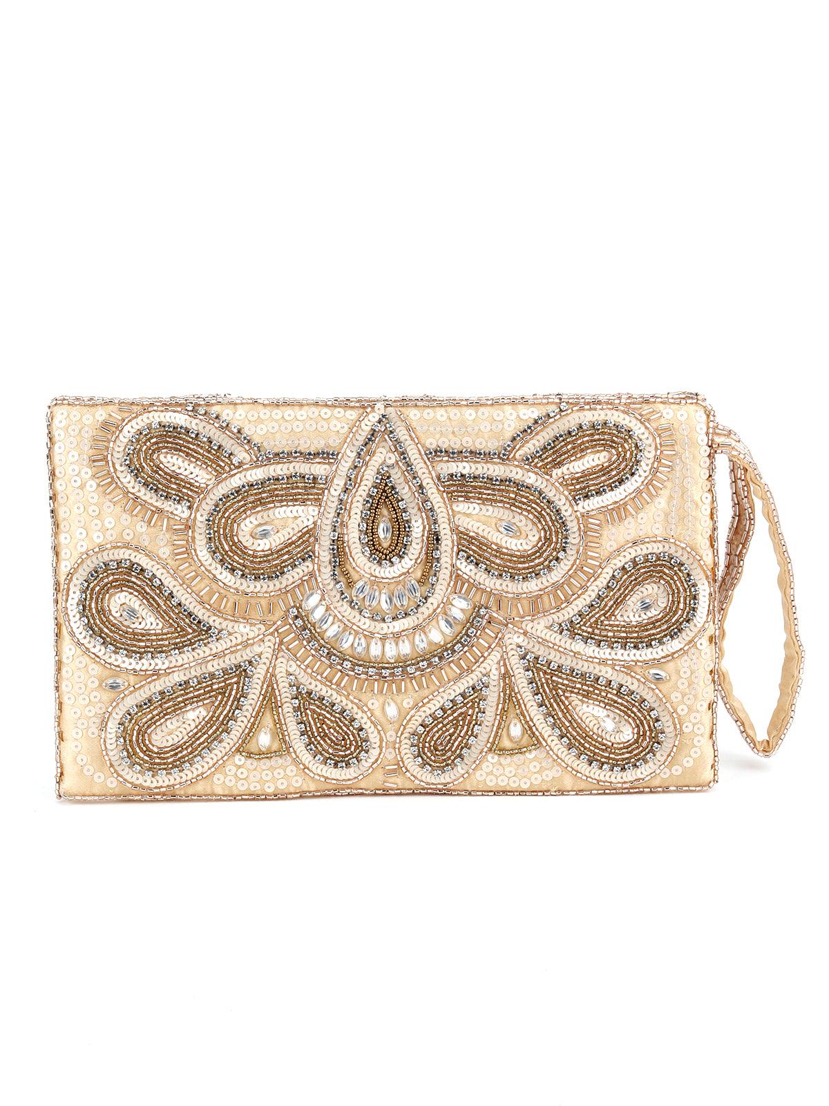 Odette Women Beige Beaded Paisley Design Envelope Clutch - Image 5