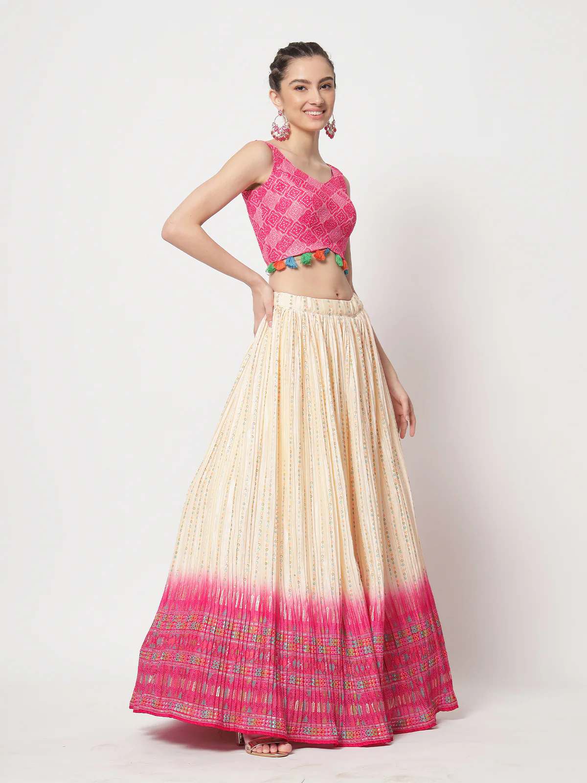 Odette Women Beige Chinnon Silk Crush With Foil Work Semi Stitched Lehenga Choli - Image 2