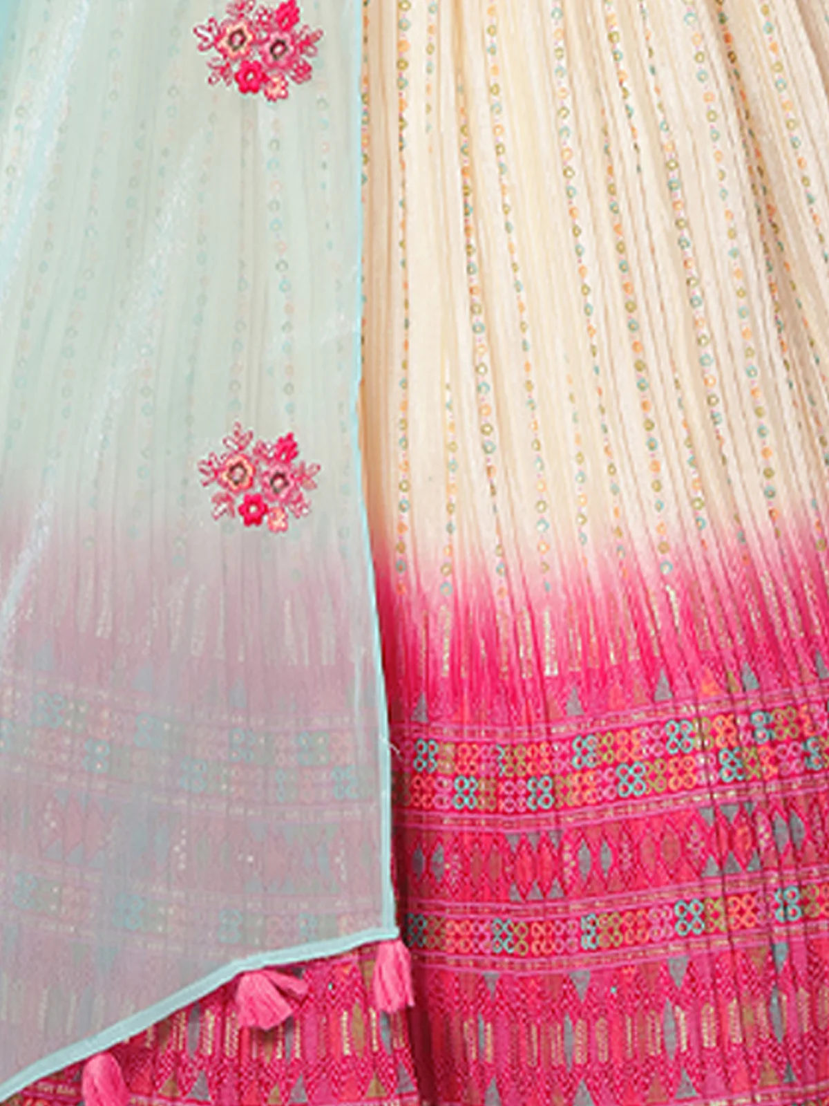 Odette Women Beige Chinnon Silk Crush With Foil Work Semi Stitched Lehenga Choli - Image 4