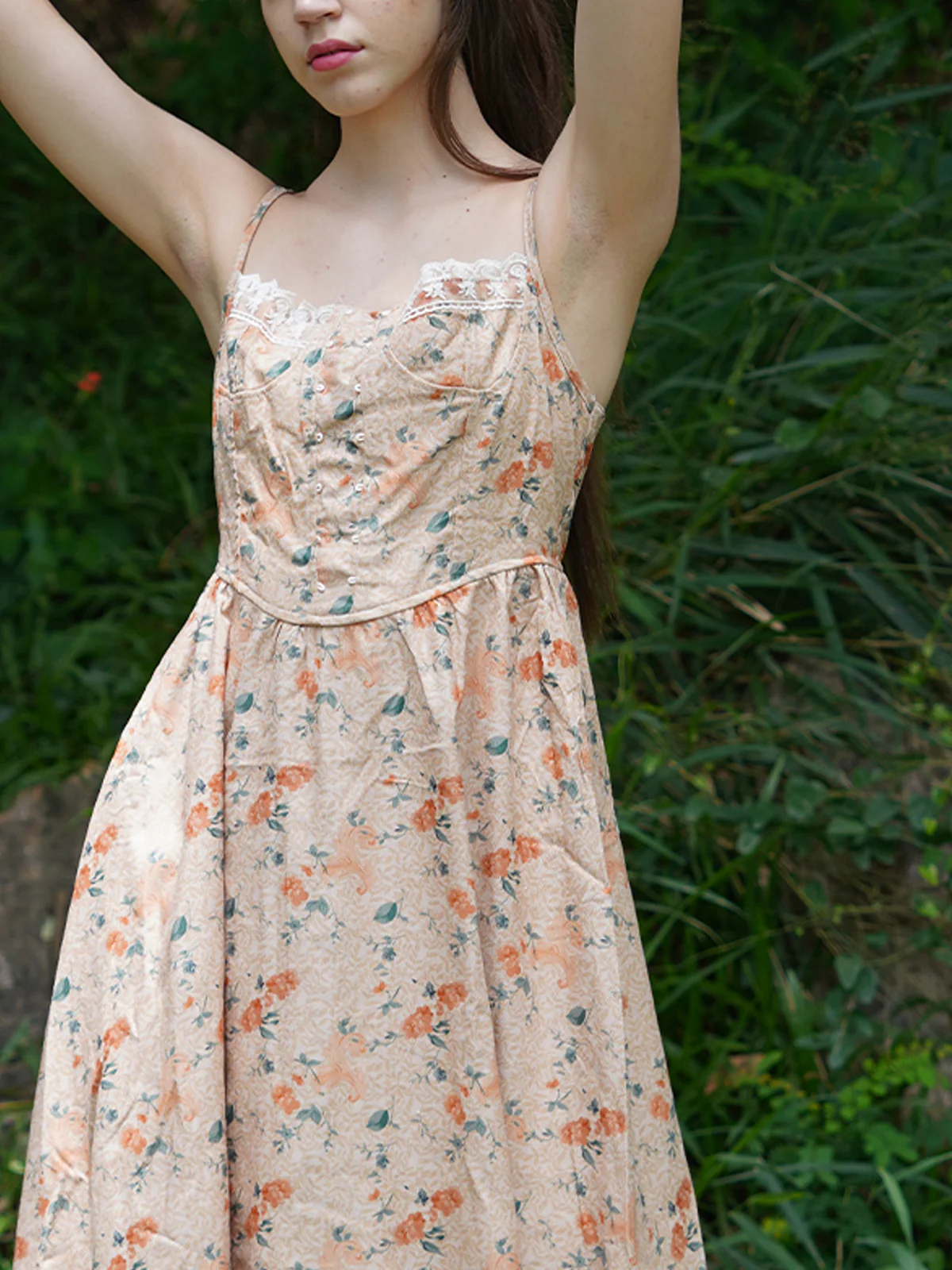 Odette Women Beige Corduory Printed Long Stitched Dress - Image 5