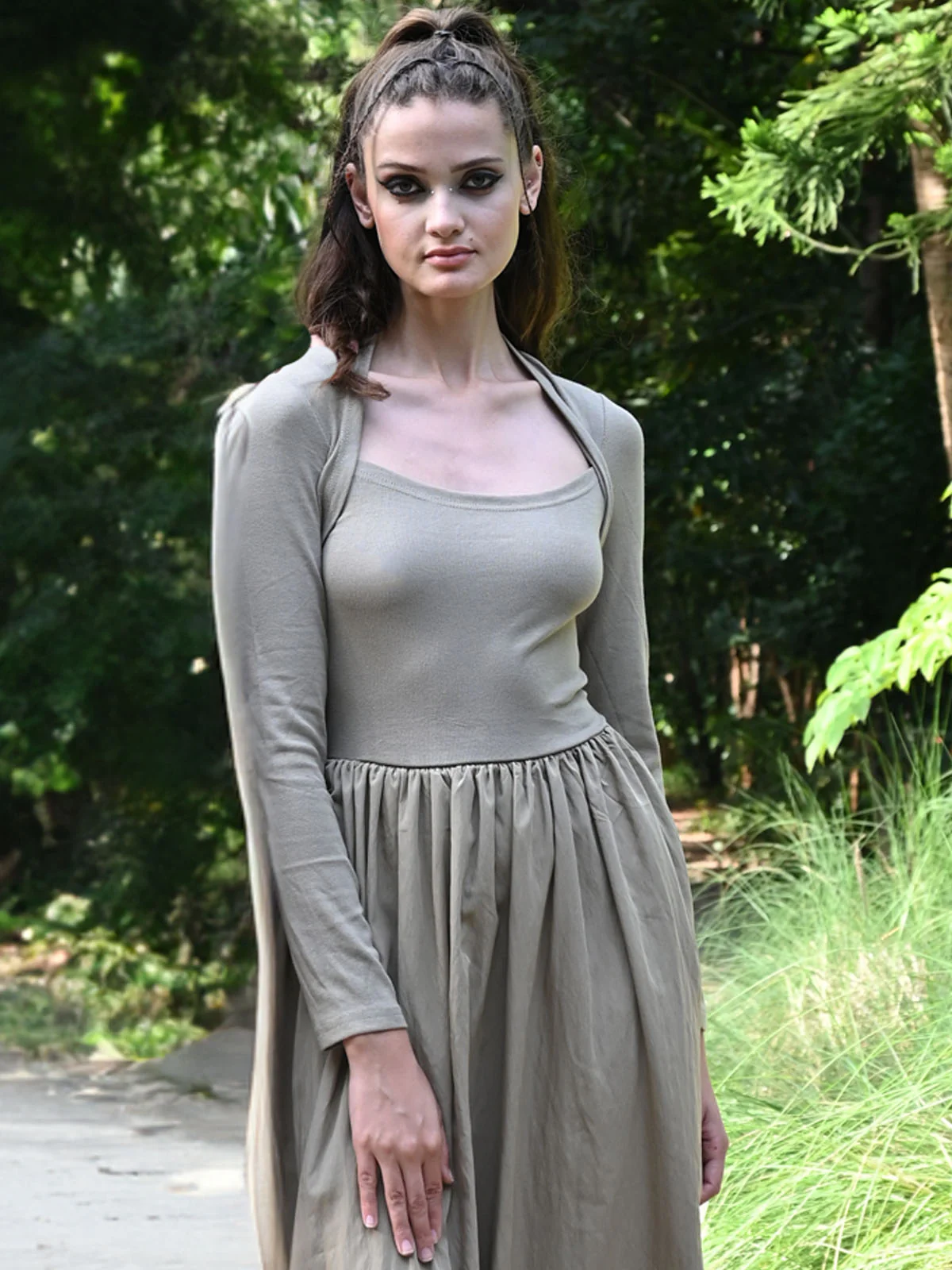 Odette Women Beige Cotton Rib And Polyester Overlap Neck Dress - Image 3