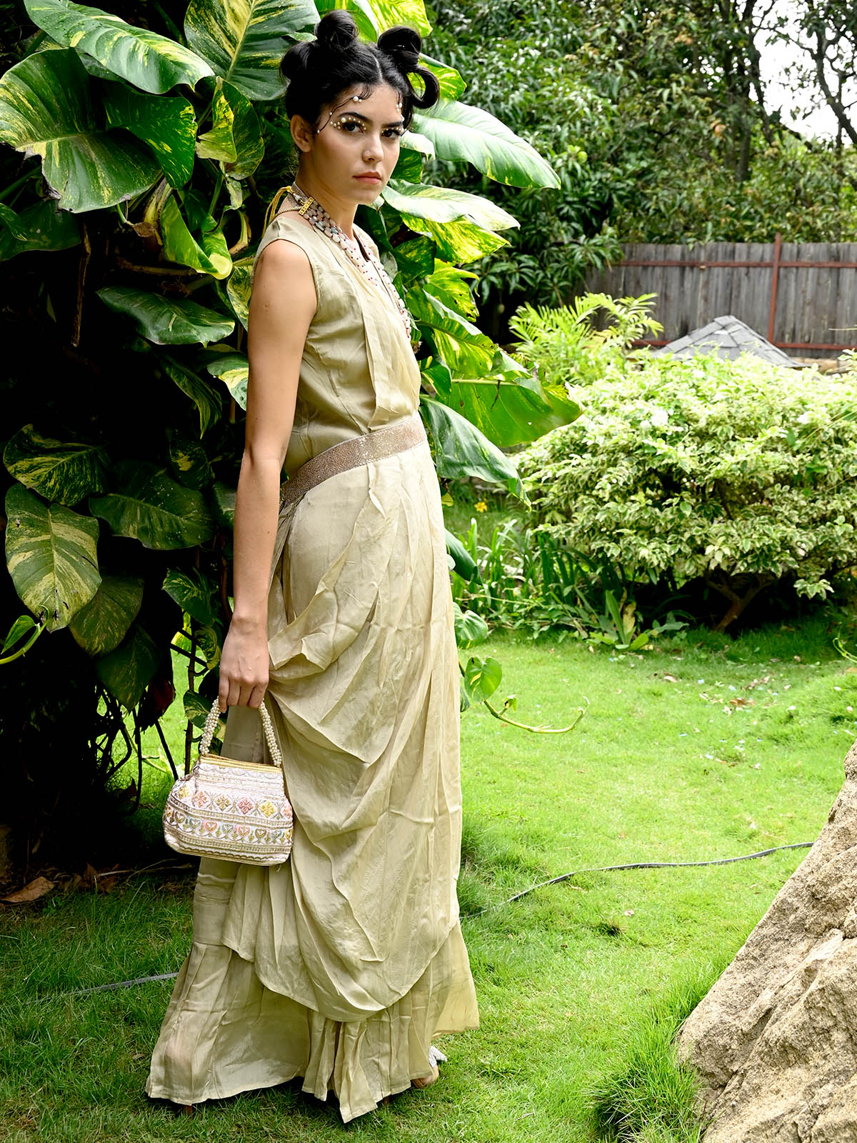 Odette Women Beige Crepe Indo-Western Dress - Image 3