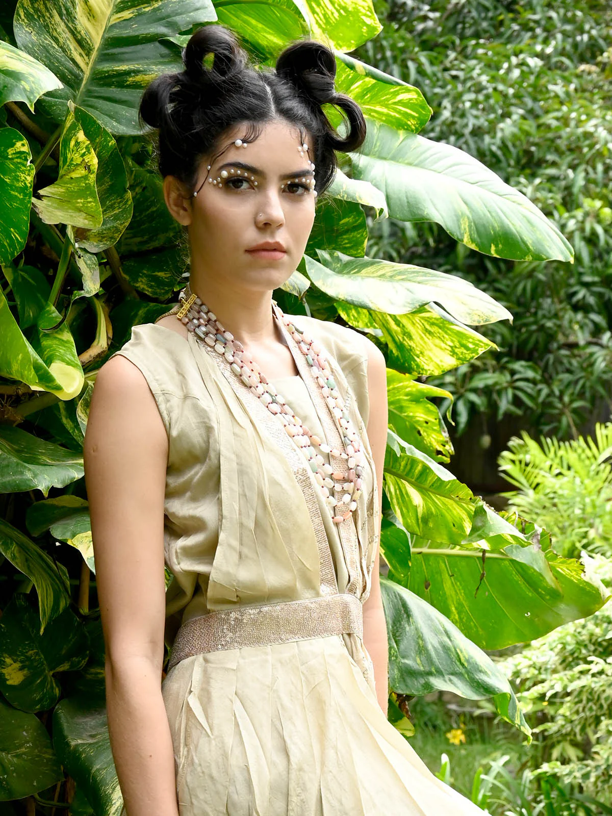 Odette Women Beige Crepe Indo-Western Dress - Image 4