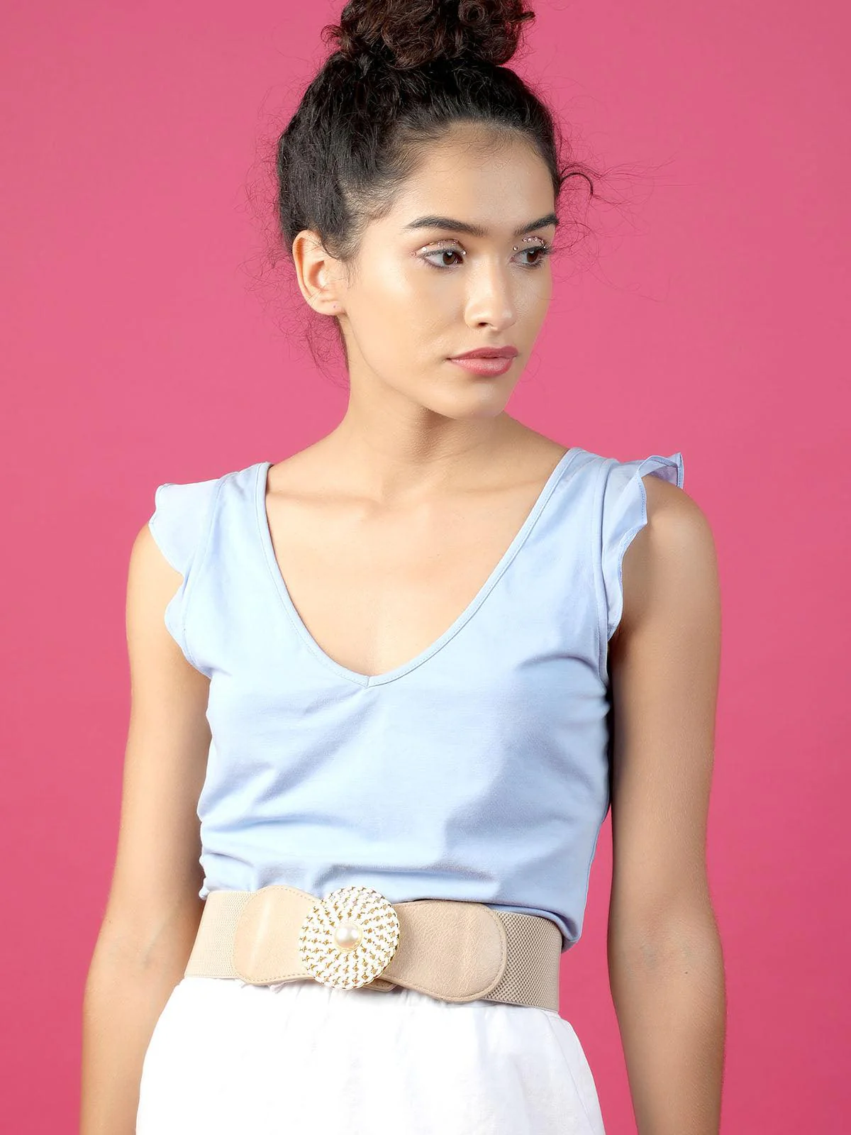 Odette Women Beige Elastic Embellished Belt