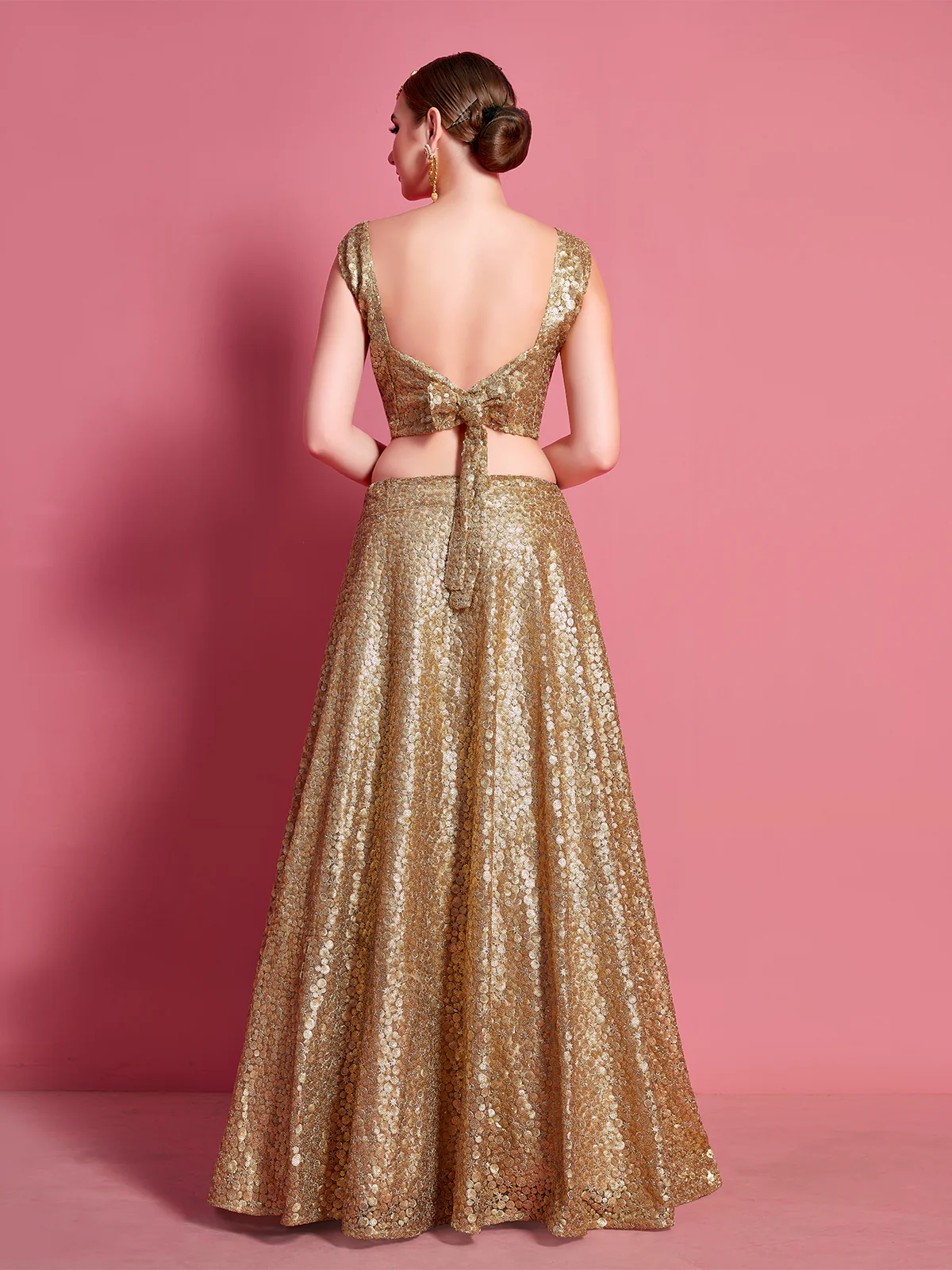 Odette Women Golden Soft Net Semi Stitched Lehenga With Unstitched Blouse - Image 5