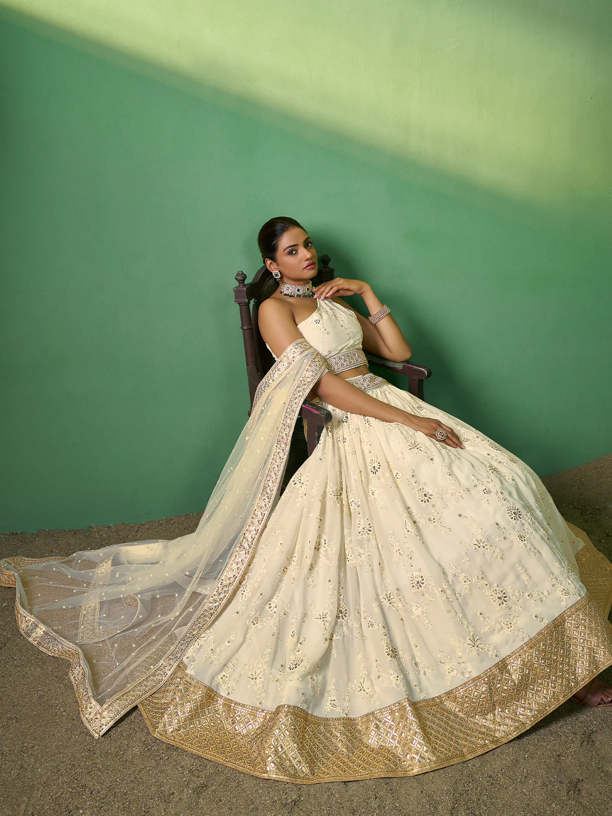 Odette Women Beige Embroidered Semi Stitched Lehenga With Unstitched Blouse - Image 2