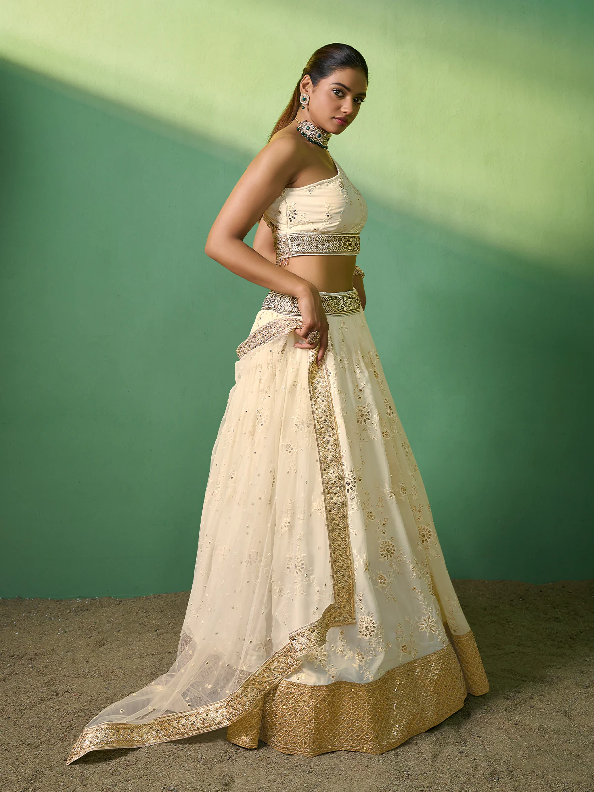 Odette Women Beige Embroidered Semi Stitched Lehenga With Unstitched Blouse - Image 3