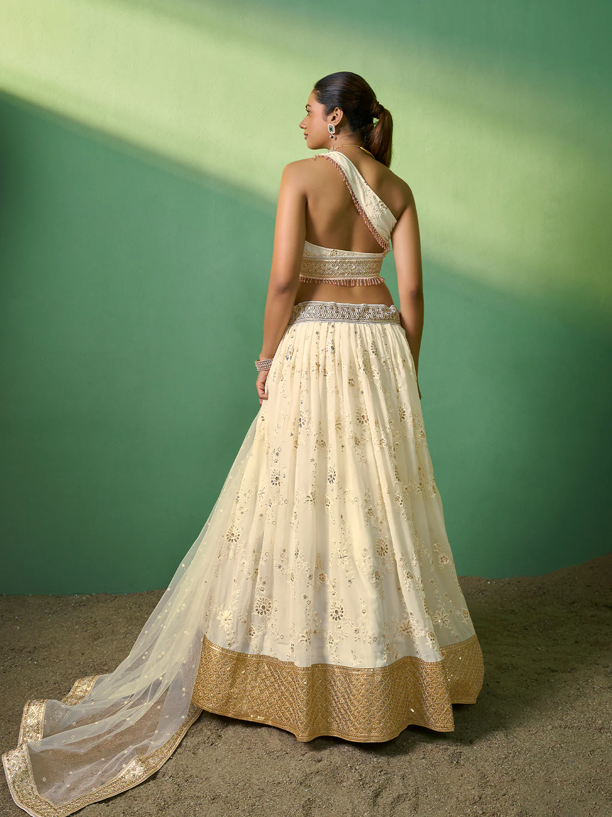 Odette Women Beige Embroidered Semi Stitched Lehenga With Unstitched Blouse - Image 4