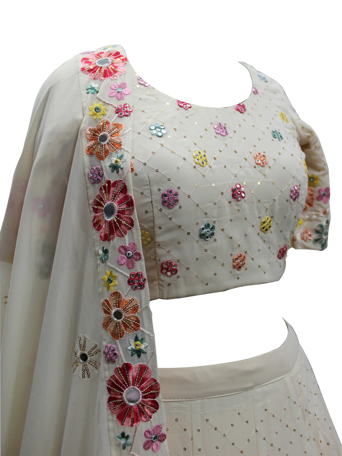 Odette Women Beige Georgette Embroidered Semi Stitched Lehenga With  Unstitched Blouse - Image 2