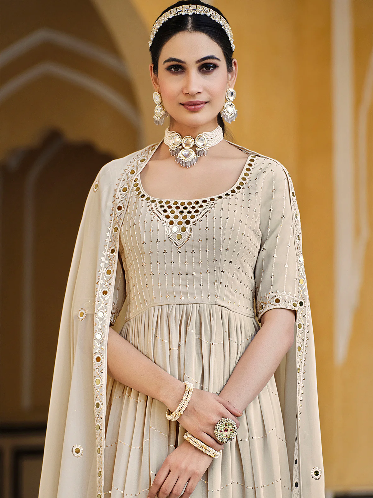 Odette Women Beige Georgette Embroidered Semi Stitched Salwar Suit - Image 3