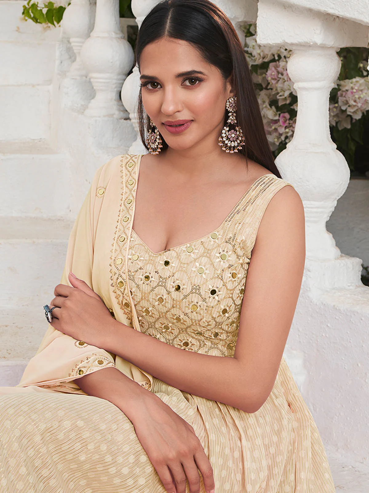 Odette Women Beige Georgette Embroidered Stitched  Salwar Suit - Image 4