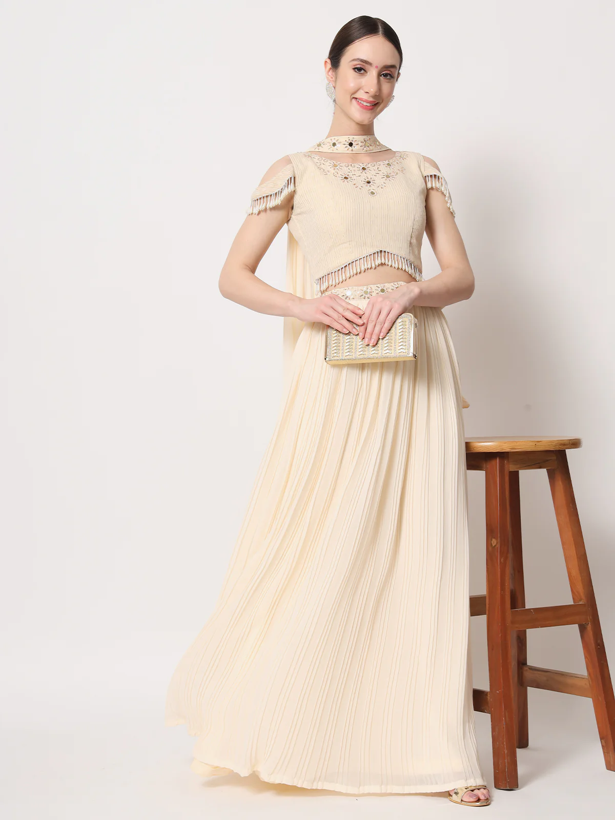 Odette Women Beige Georgette Semi Stitched Lehenga With Unstitched Blouse