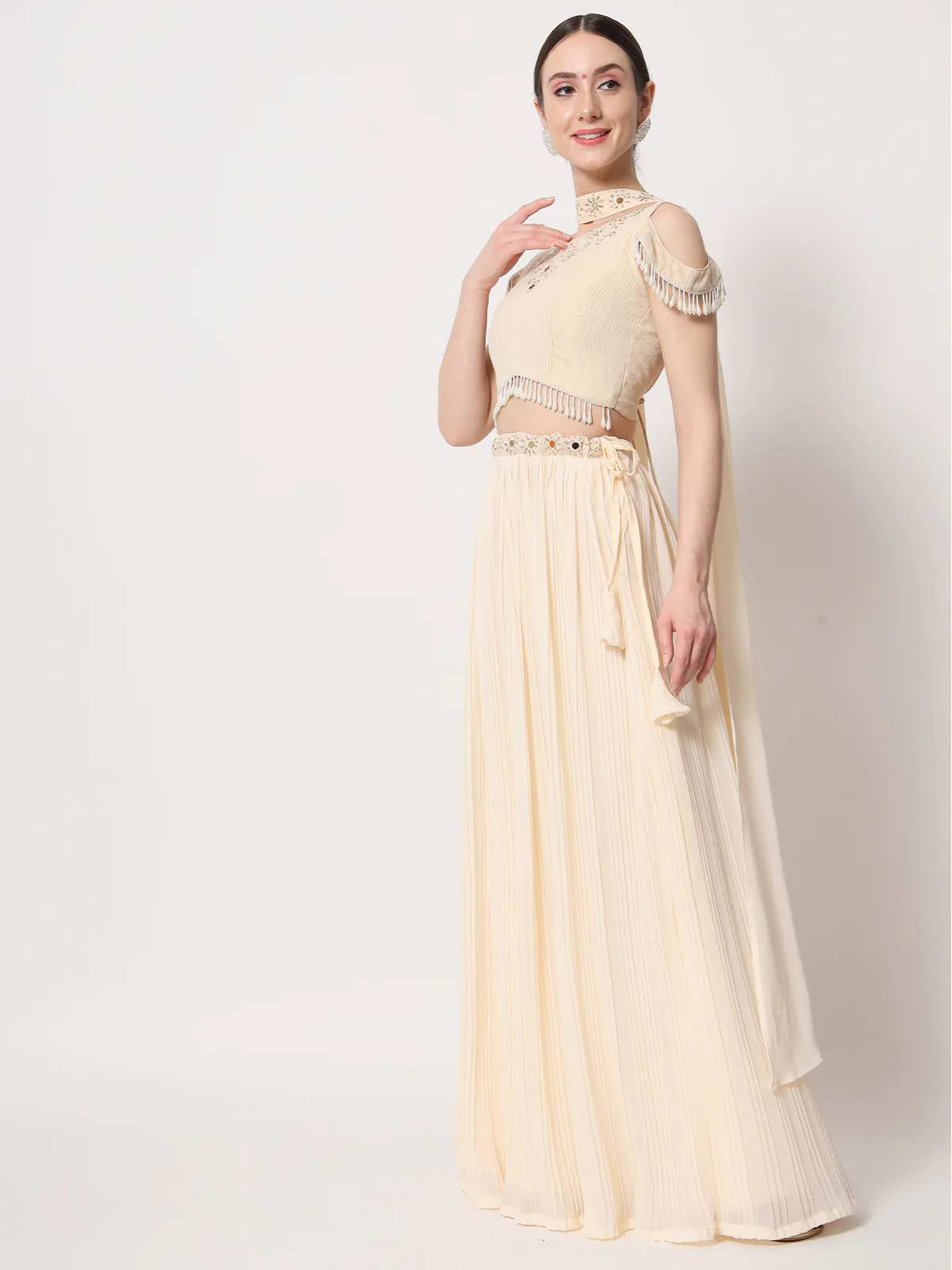 Odette Women Beige Georgette Semi Stitched Lehenga With Unstitched Blouse - Image 3