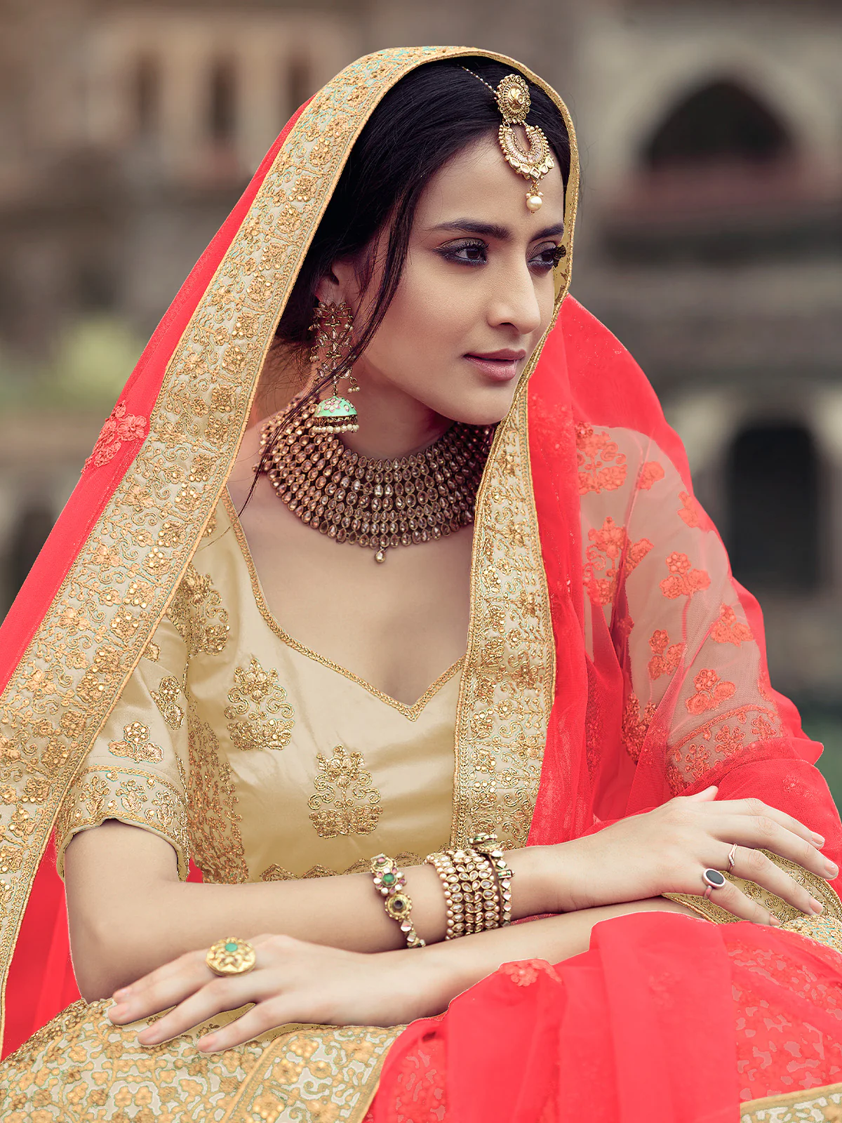 Odette Women Beige Embroidered Semi Stitched Lehenga With Unstitched Blouse - Image 2