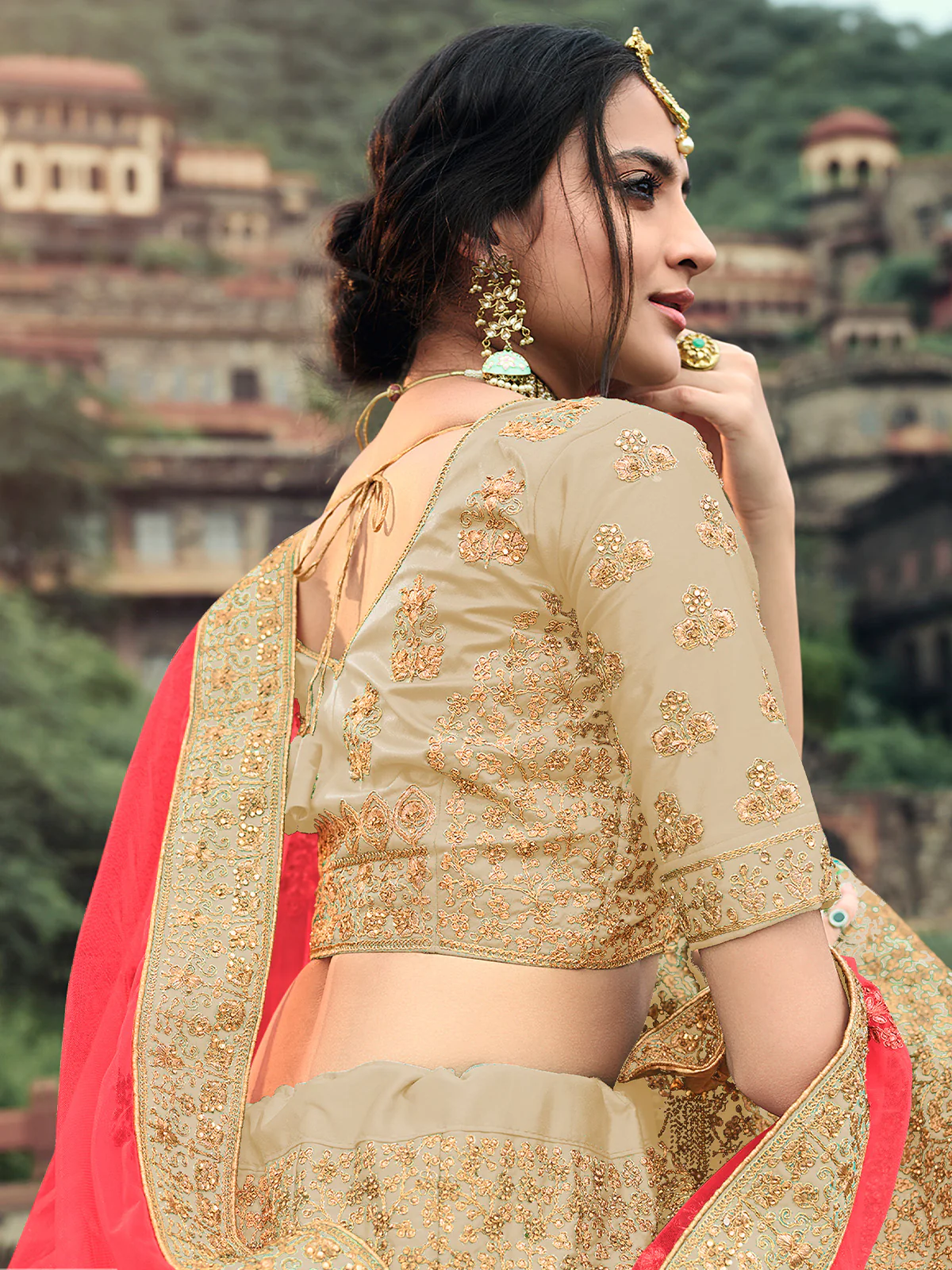 Odette Women Beige Embroidered Semi Stitched Lehenga With Unstitched Blouse - Image 3