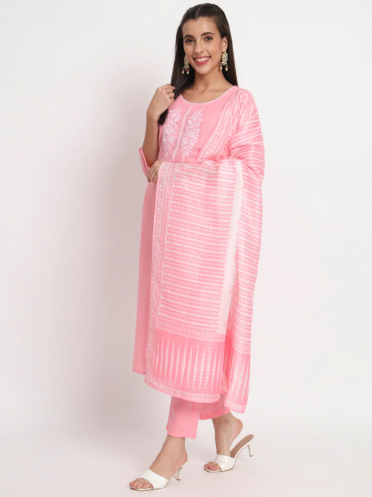 Odette Women Pink Cotton Blend Embroidered Stitched Kurta Set - Image 2