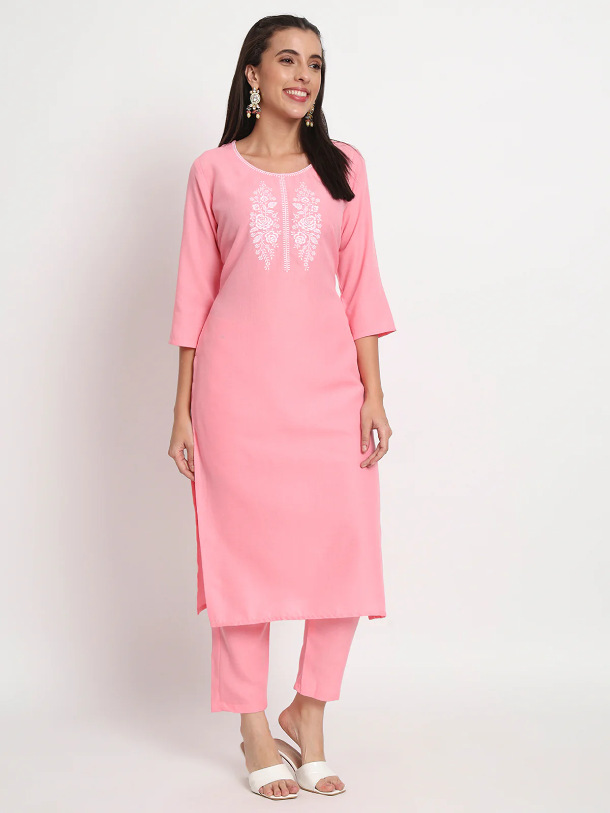 Odette Women Pink Cotton Blend Embroidered Stitched Kurta Set - Image 3