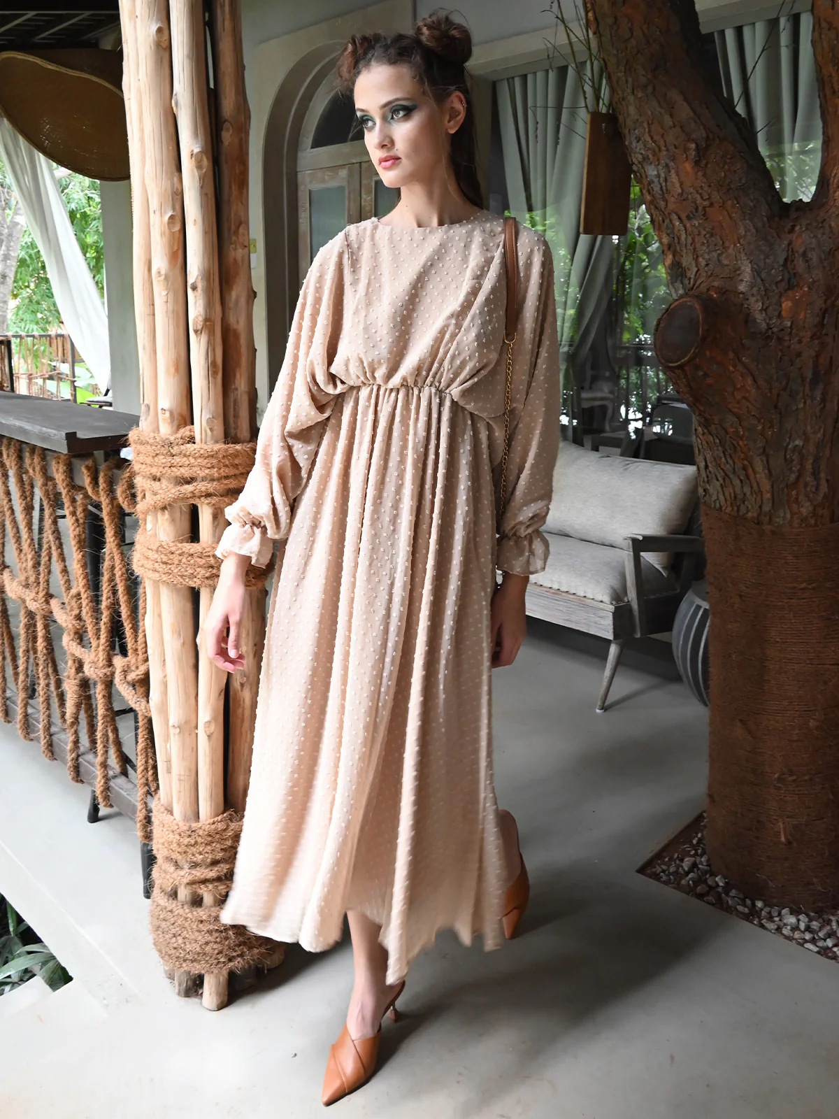 Odette Women Beige Polyester Voil With Dobby Gathered Dress - Image 3