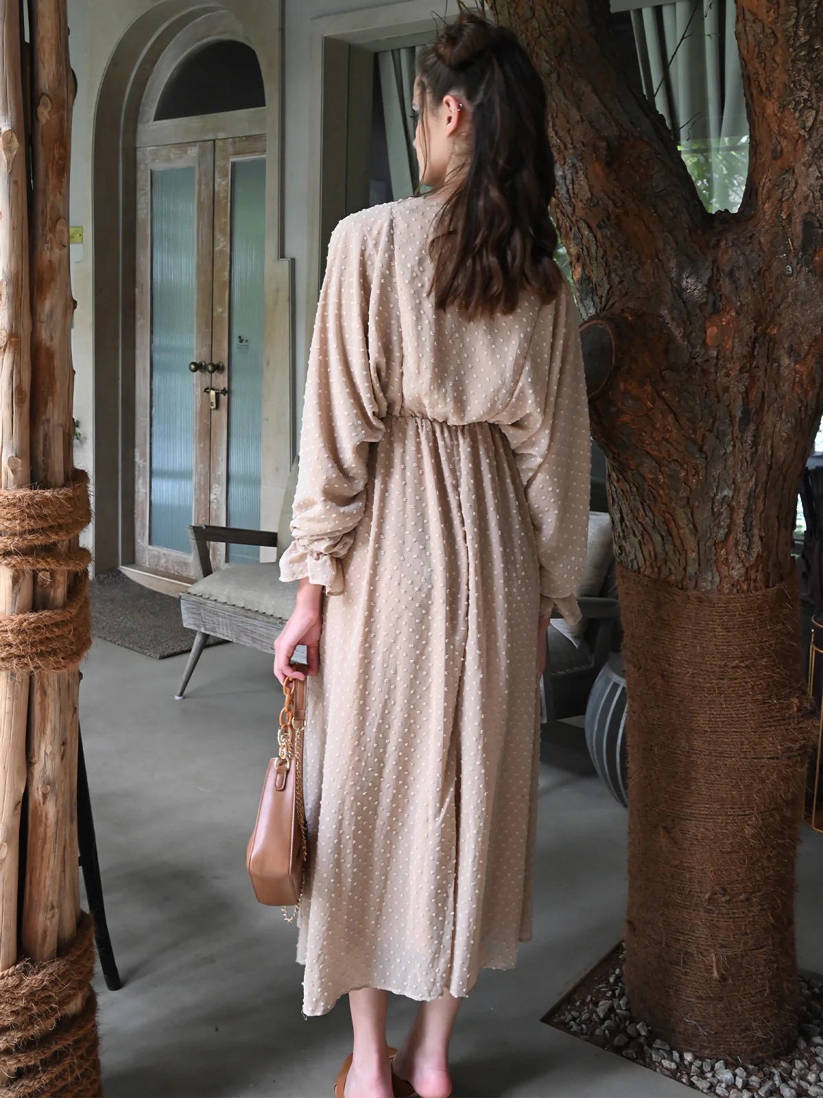 Odette Women Beige Polyester Voil With Dobby Gathered Dress - Image 4