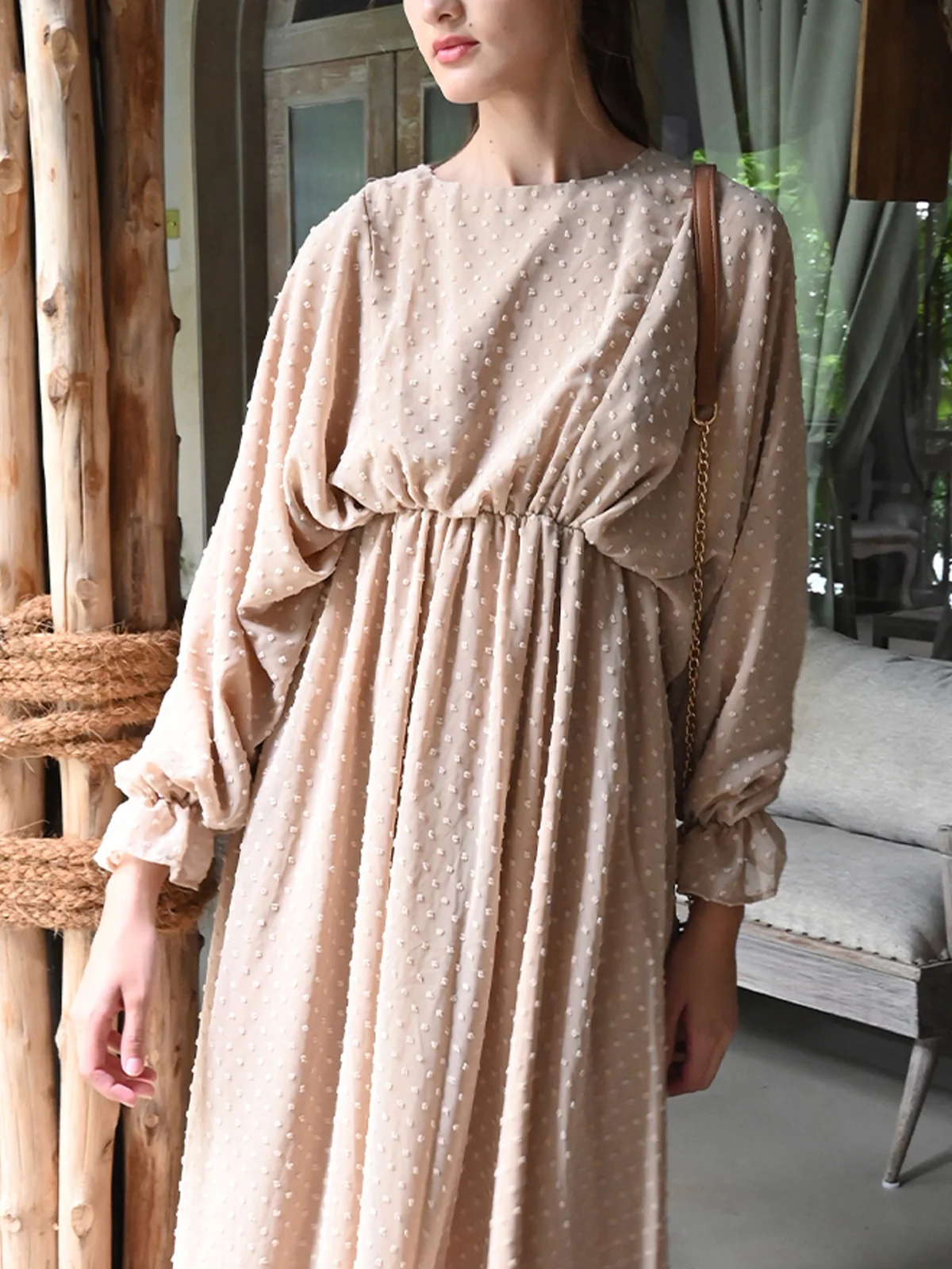 Odette Women Beige Polyester Voil With Dobby Gathered Dress - Image 5