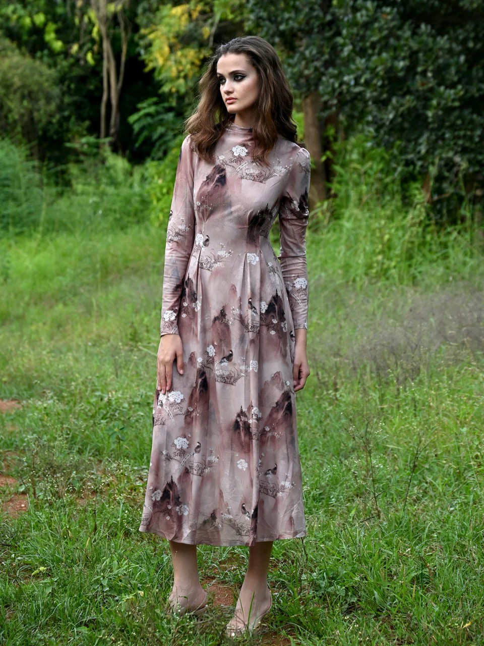 Odette Women Beige Printed Net Lycra Stitched Dress - Image 2