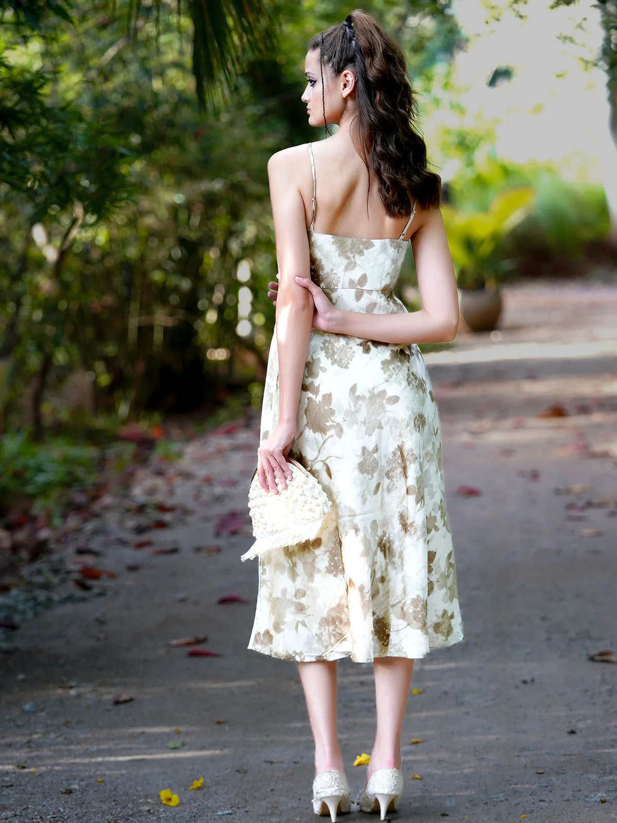 Odette Women Beige Printed Polyester Satin Stitched Dress - Image 3