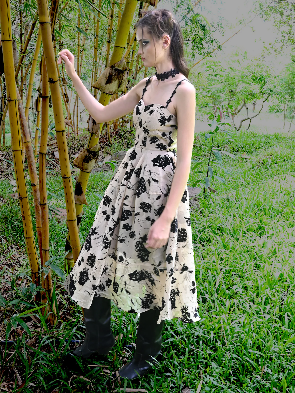 Odette Beige Printed Polyester Dobby Corset Dress Women - Image 2