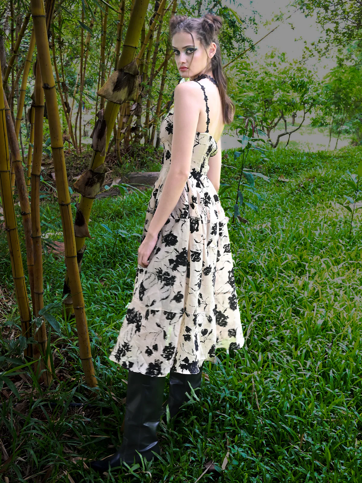 Odette Beige Printed Polyester Dobby Corset Dress Women - Image 3