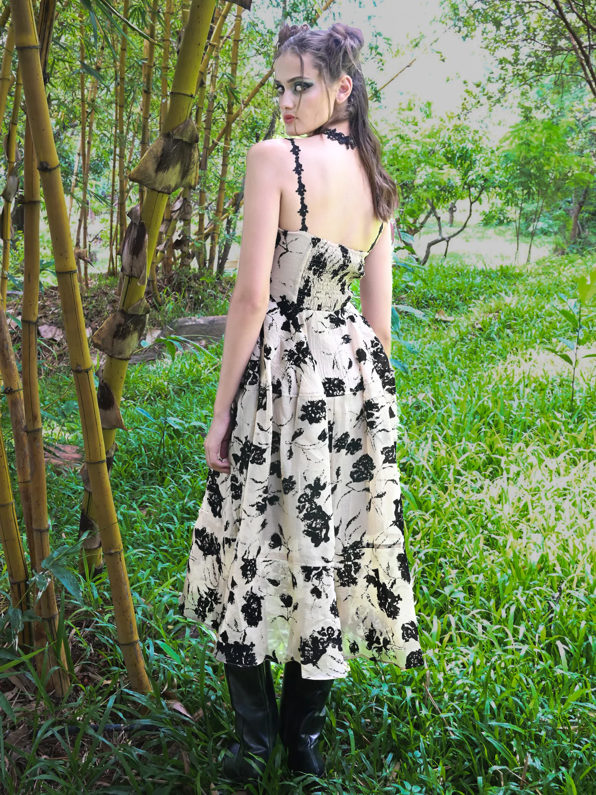 Odette Beige Printed Polyester Dobby Corset Dress Women - Image 4