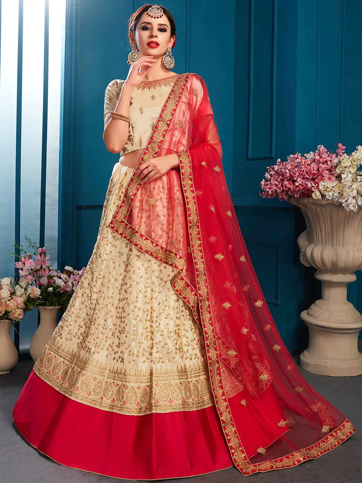 Odette Women Beige Designer Semi Stitched Lehenga With Unstitched Blouse - Image 2