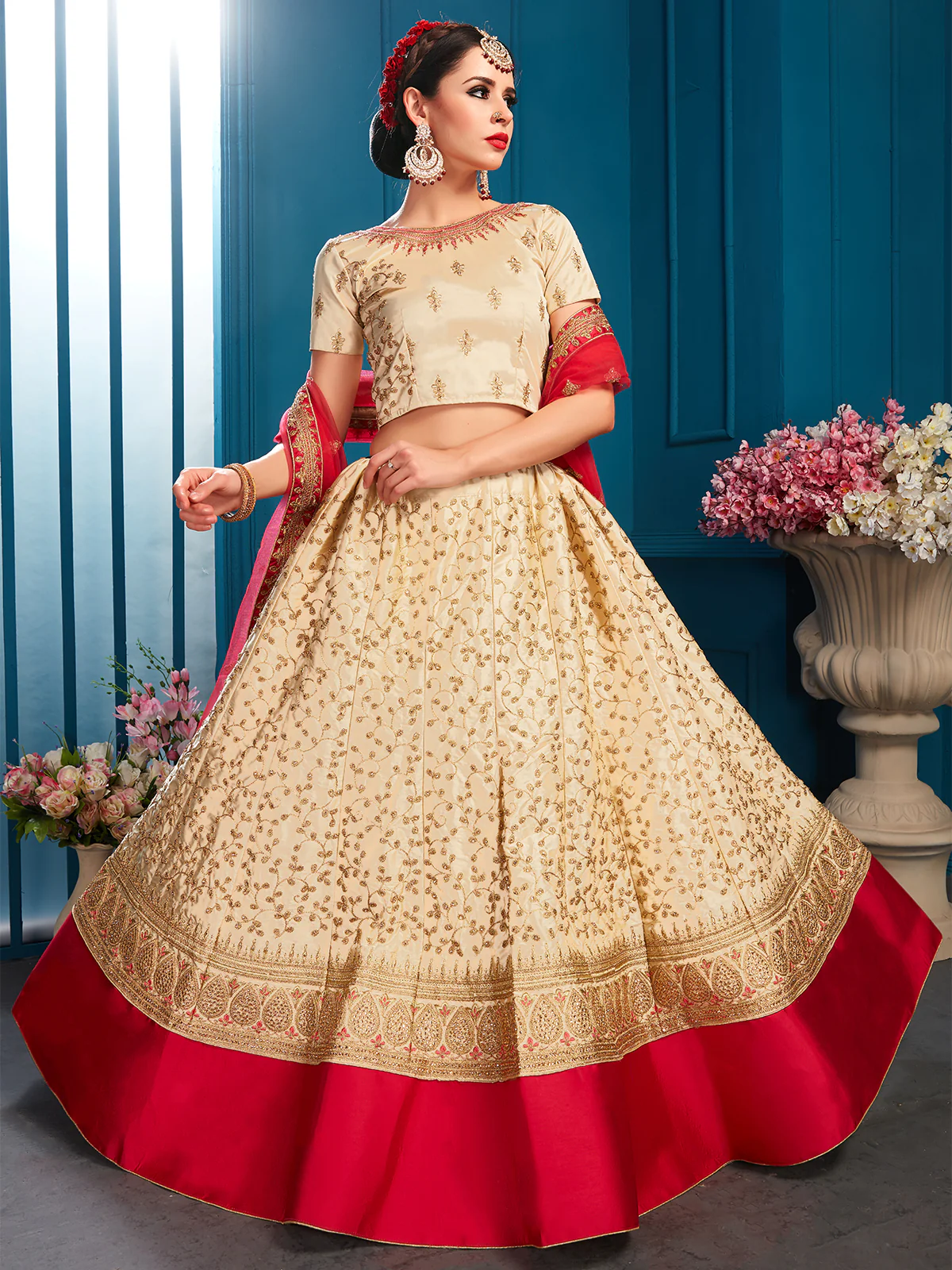 Odette Women Beige Designer Semi Stitched Lehenga With Unstitched Blouse - Image 4
