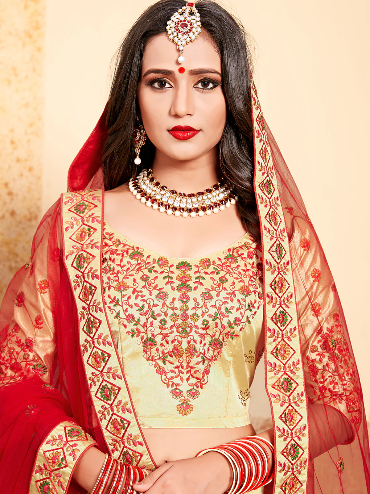 Odette Women Beige Satin Embroidered Semi Stitched Lehenga With Unstitched Blouse - Image 4