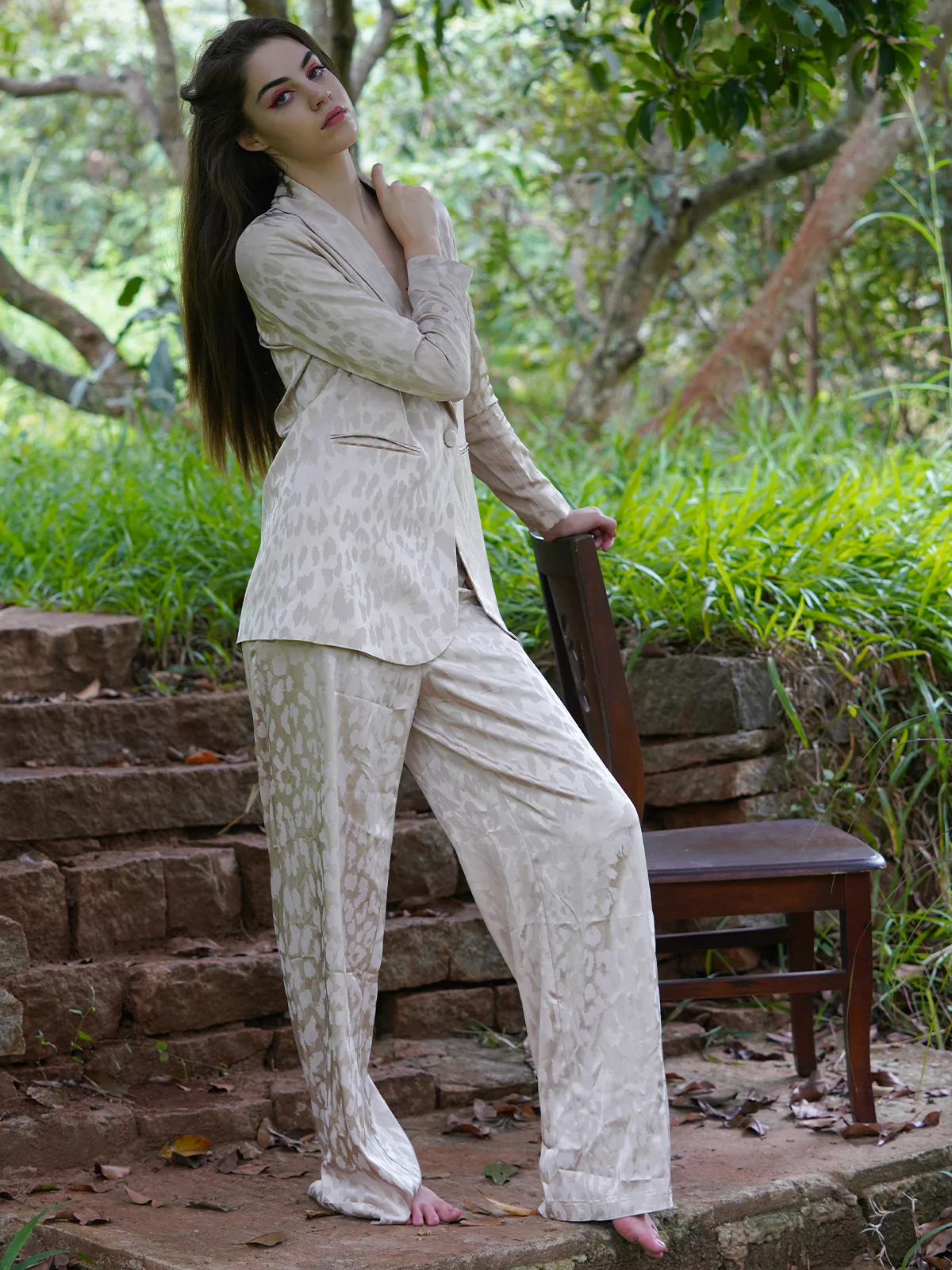 Odette Beige Self Design Printed Satin Co Ord Set For Women - Image 3
