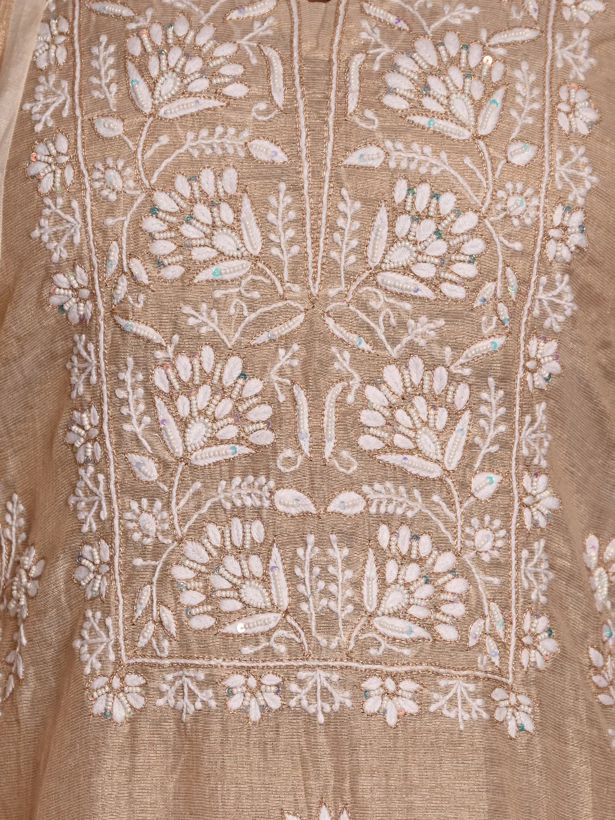 Odette Women Beige Shimmered Polyester Chikankari Beads Embroidered Unstitched Kurta Set - Image 4