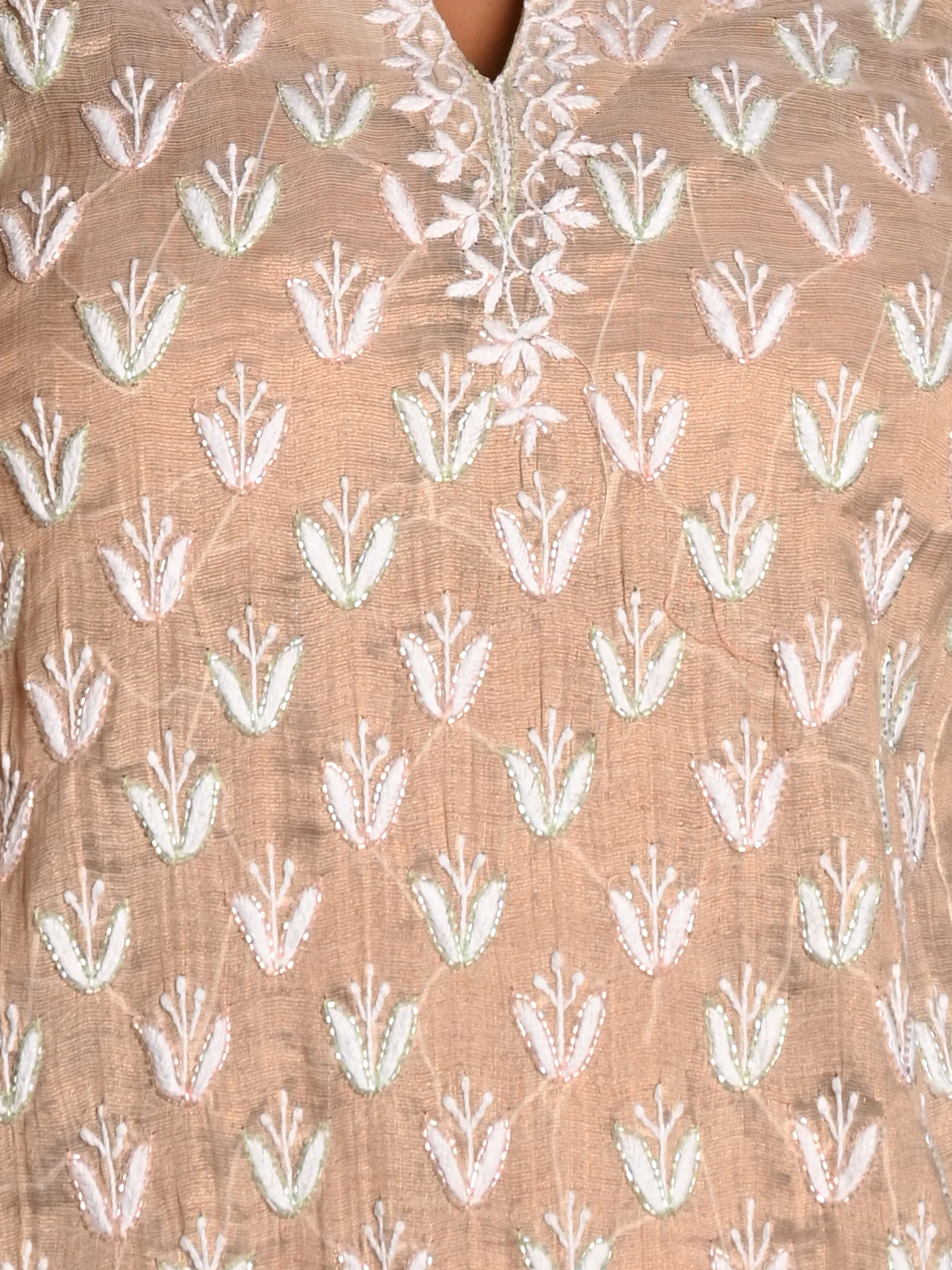 Odette Women Beige Shimmered Polyester Voile Chikankari Beads Embroidered Stitched Kurta with Dupatta - Image 4