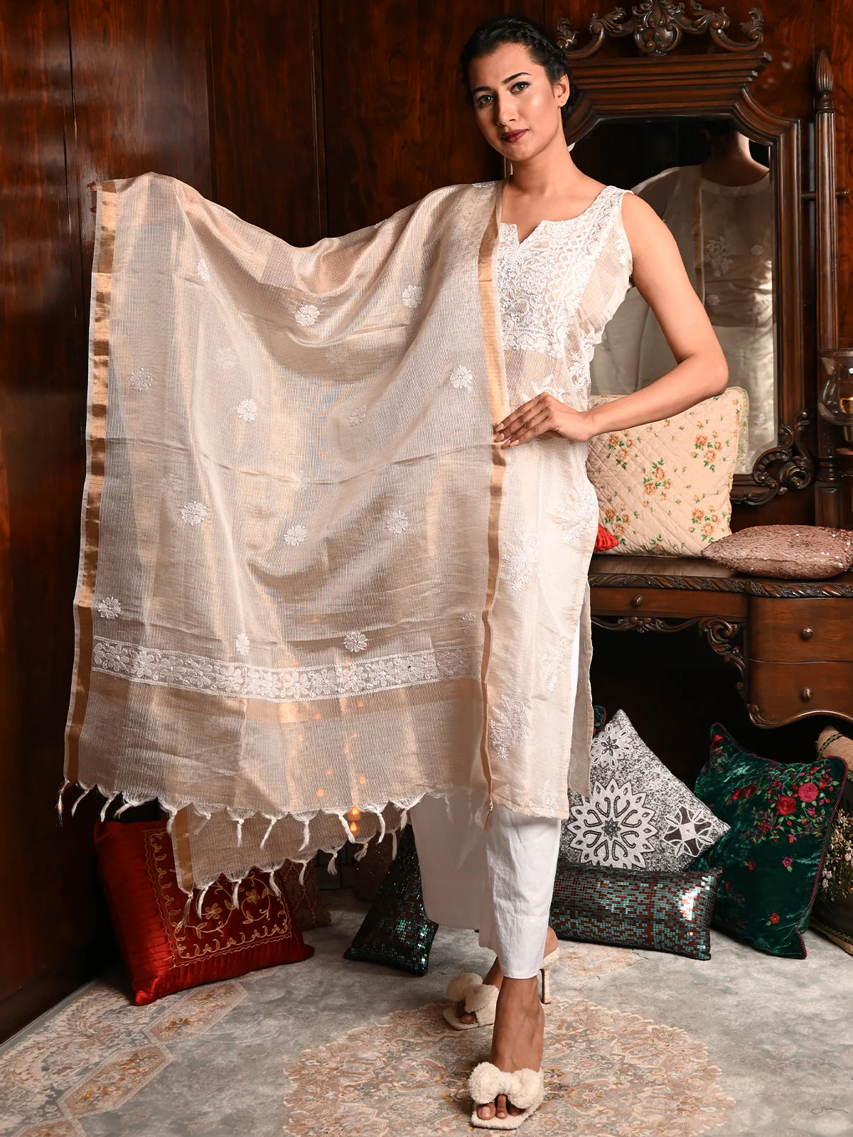 Odette Women Beige Shimmered Polyester Voile Chikankari Embroidered Stitched Kurta with dupatta