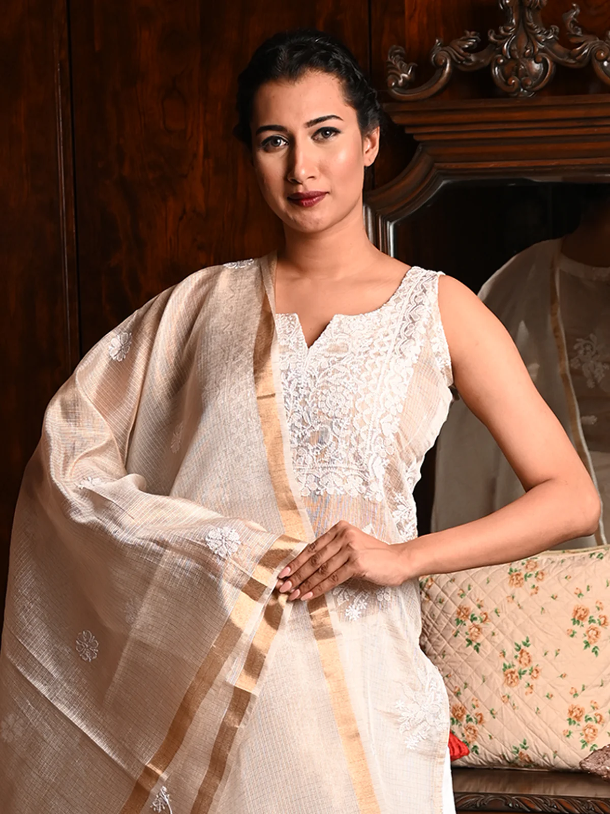 Odette Women Beige Shimmered Polyester Voile Chikankari Embroidered Stitched Kurta with dupatta - Image 4