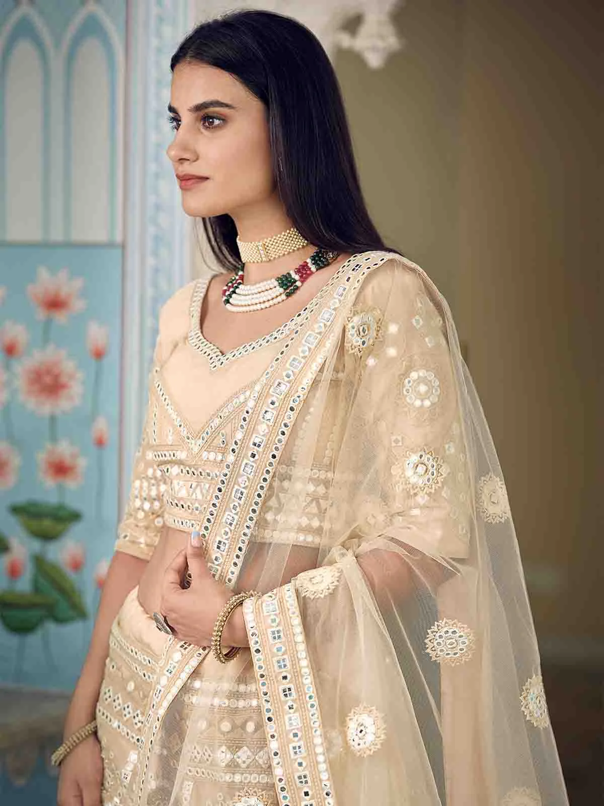 Odette Women Beige Stunning Semi Stitched Lehenga With Unstitched Blouse - Image 3