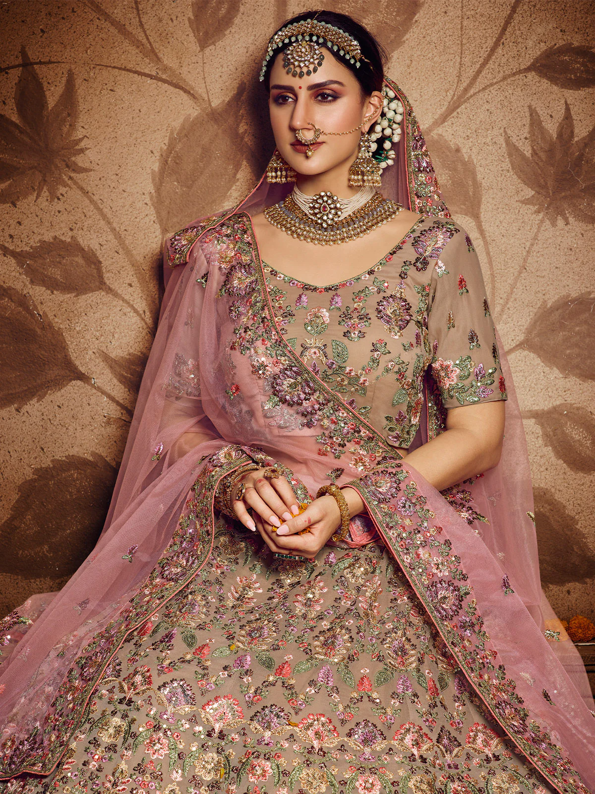 Odette Women Beige Embroidered Georgette Semi Stitched Lehenga With Unstitched Blouse - Image 3