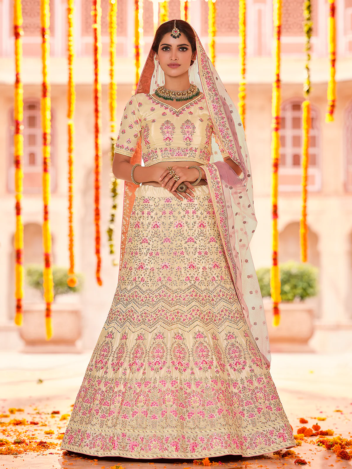 Odette Women Beige Embroidered Crepe Semi Stitched Lehenga With Unstitched Blouse