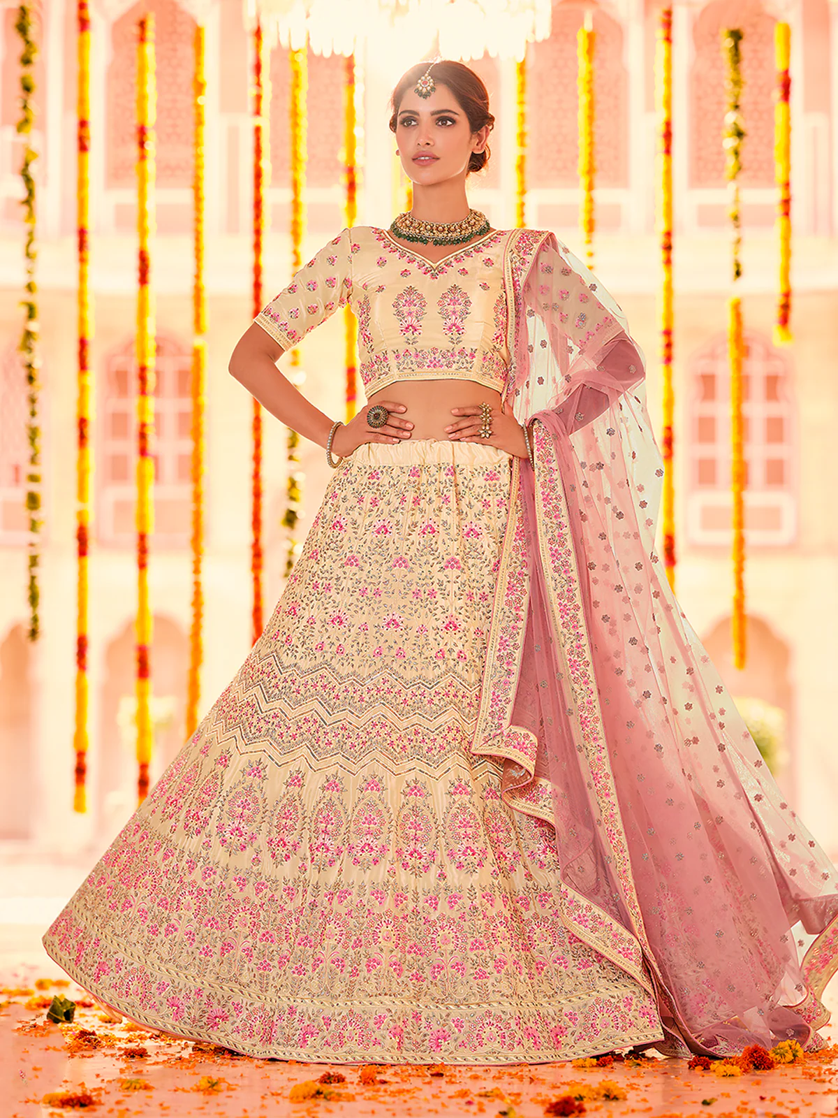 Odette Women Beige Embroidered Crepe Semi Stitched Lehenga With Unstitched Blouse - Image 2